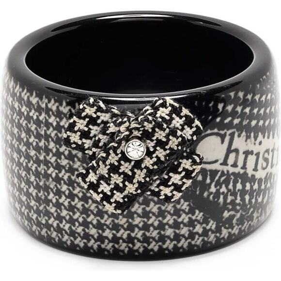 AUTH VTG Christian Dior LadyD Houndstooth Logo Tweed Crystal Bangle Bracelet - Picture 6 of 12